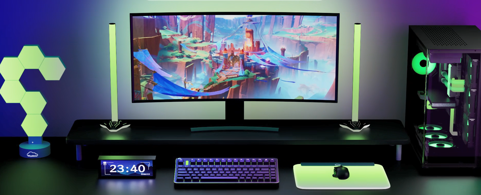 RGB 灯带在显示器背后扩散光芒。